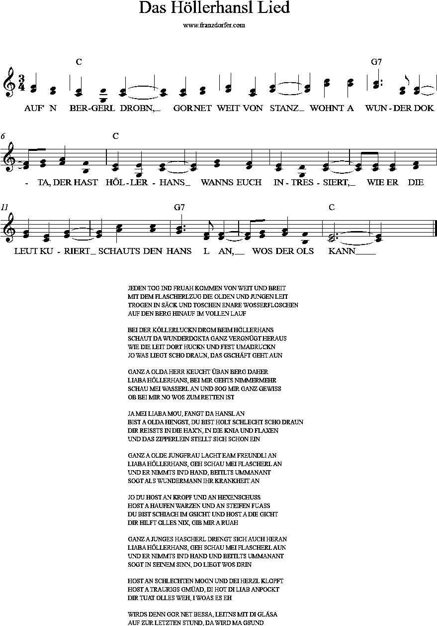 Das Höllerhansl Lied-Terzen - Akkordeonnoten Das Höllerhansl Lied in Terzen - C-Dur